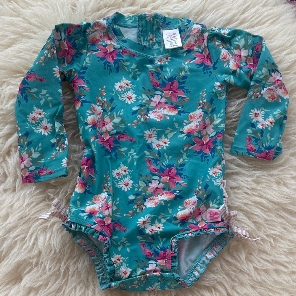Ruffle Butts Teal Floral Long-Sleeve One-Piece Swimsuit